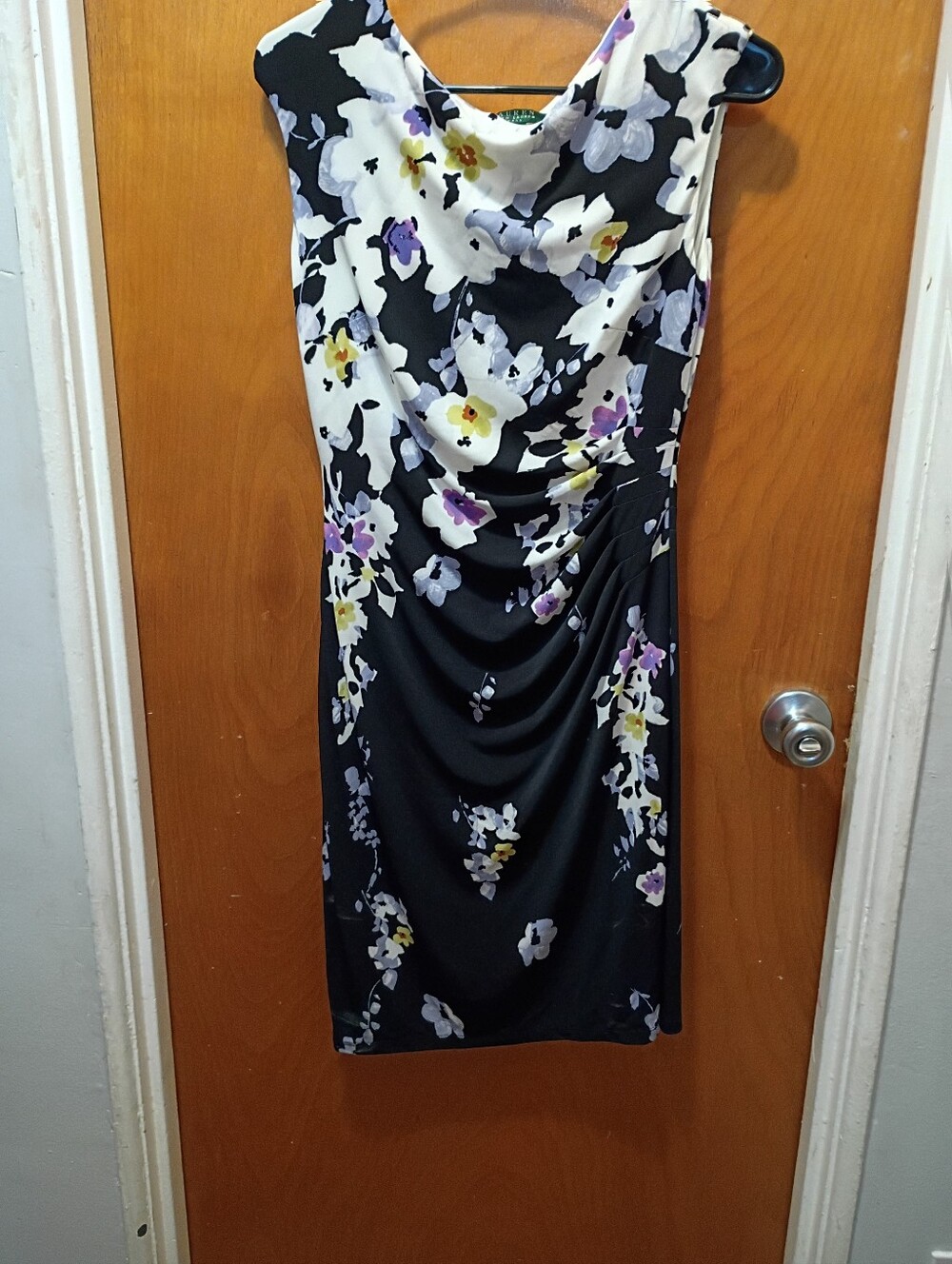 Ralph Lauren Floral Draped Sheath Dress in Black and White